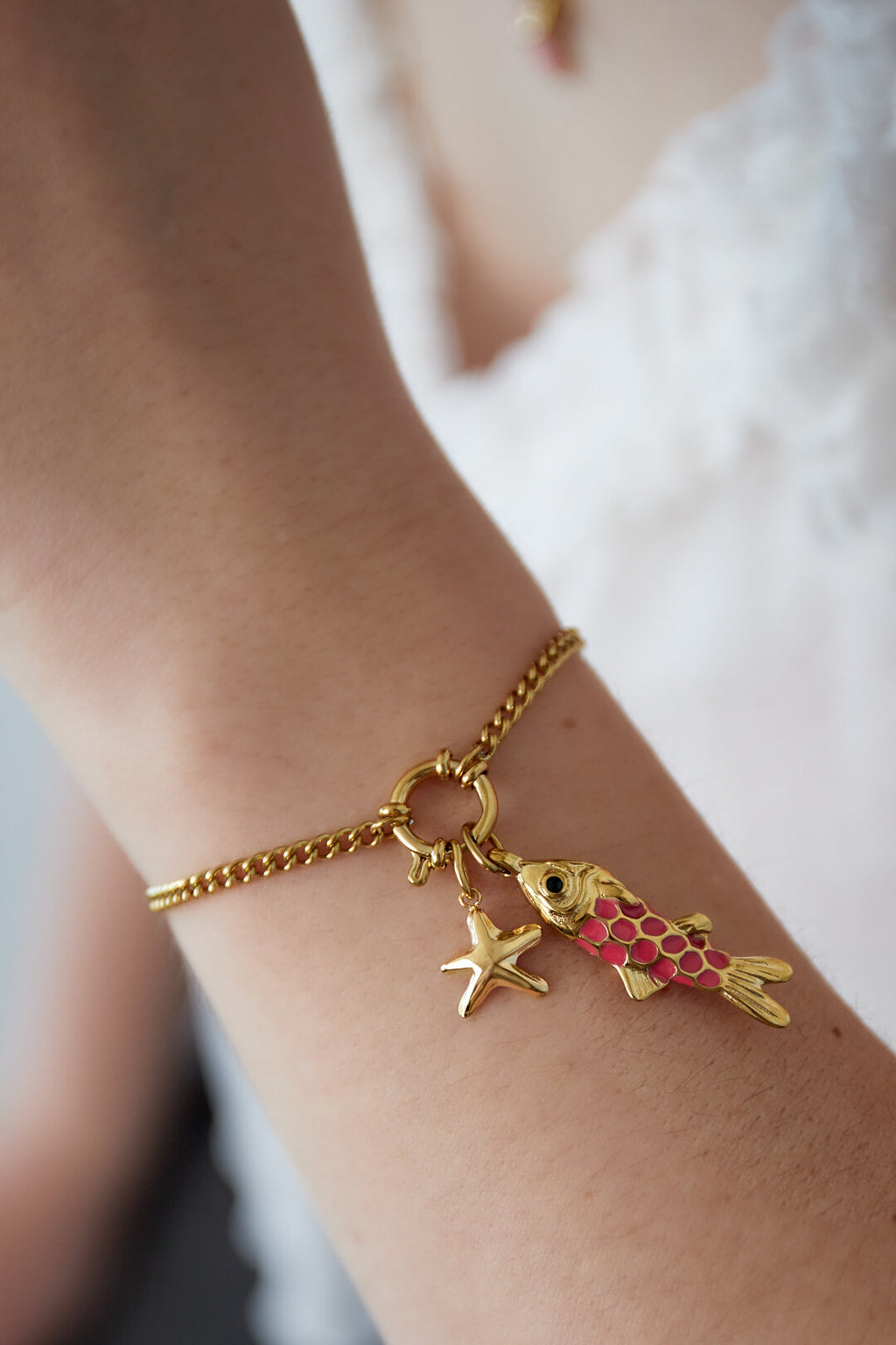 Elegant 14K Gold Plated Fish Charm Bracelet for Spring