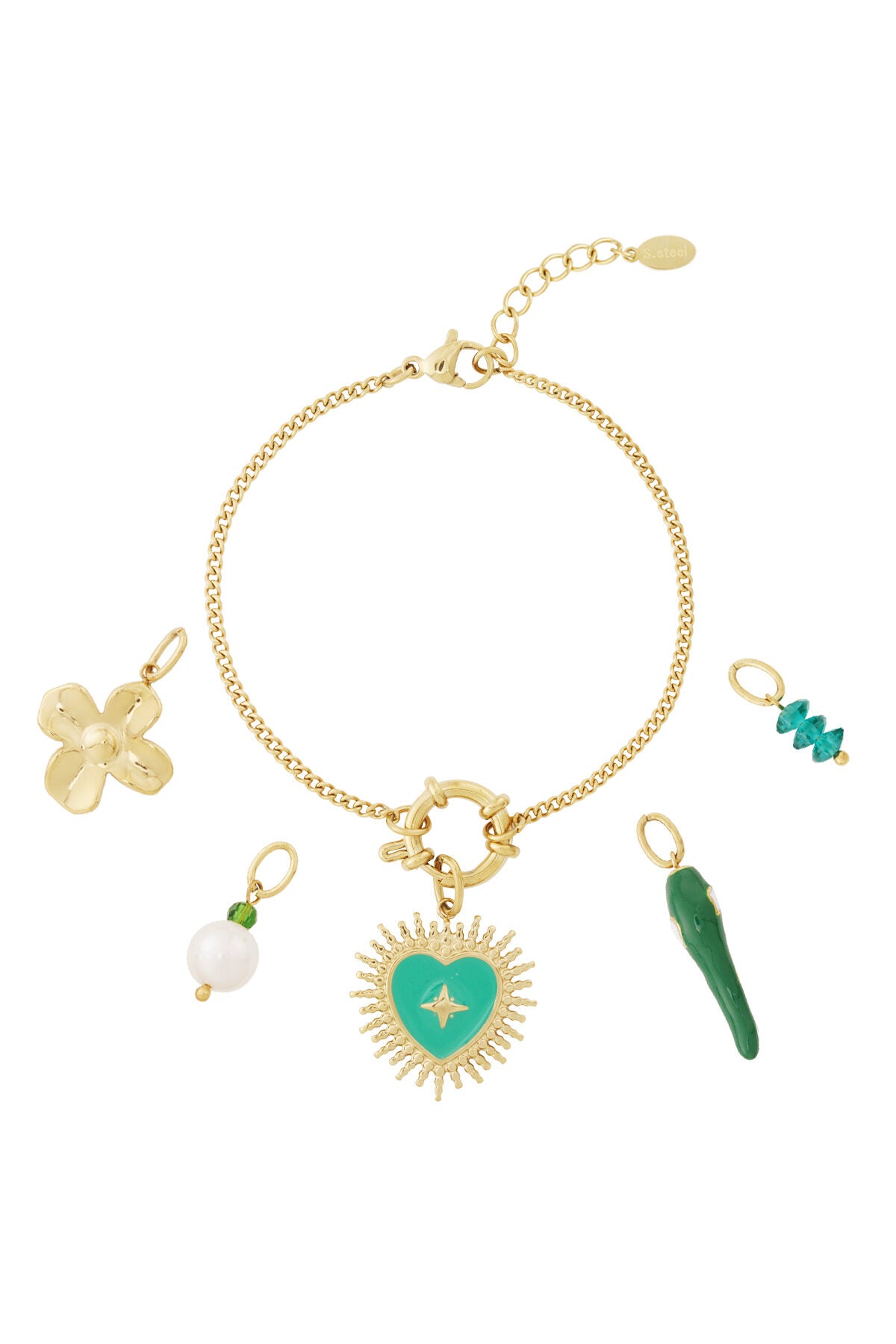 Elegant Green Heart & Flower Charm Bracelet for Women